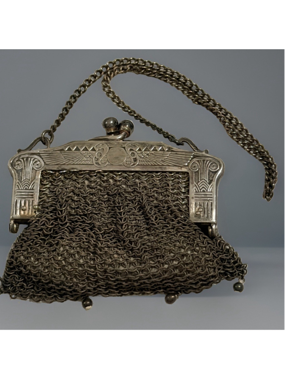 Antique 1920s Egyptian Revival German Silver Mesh Purse Art Deco Flapper Bag